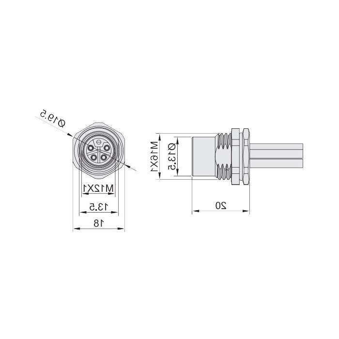 M12 5Pin L-coded, straight female head, flange socket, plate mounting, pre-cast UL electronic wire, 64LB01-XXX